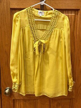 Milly Crochet Silk Blouse with Bow; Yellow, SZ 8